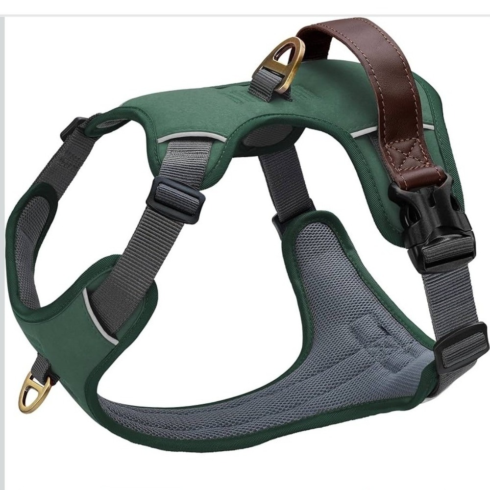 No Pull Dog Harness Genuine Leather Grip Reflective Adjustable Green Large 27-32 - Picture 6 of 7